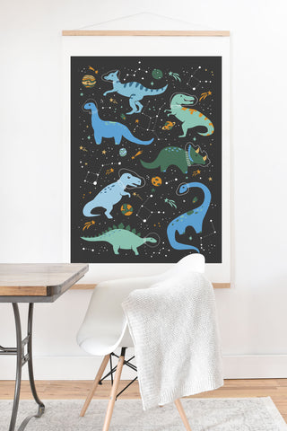 Lathe & Quill Dinosaurs in Space in Blue Art Print And Hanger