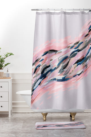 Laura Fedorowicz Pink Flutter on Grey Shower Curtain And Mat