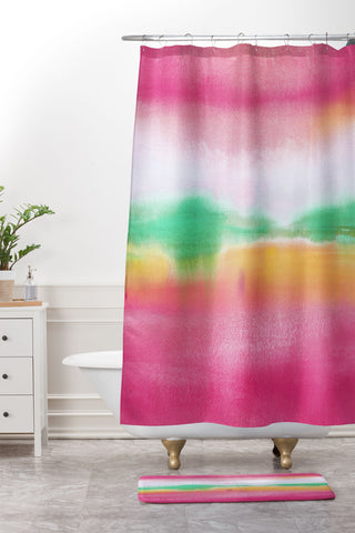 Laura Trevey Pink and Gold Glow Shower Curtain And Mat