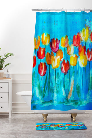 Laura Trevey Tulips in Blue Shower Curtain And Mat