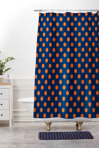 Leah Flores Blue and Orange Polka Dots Shower Curtain And Mat