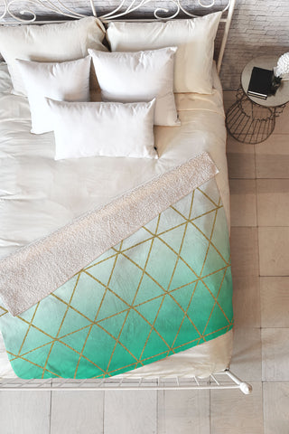 Leah Flores Turquoise and Gold Geometric Fleece Throw Blanket