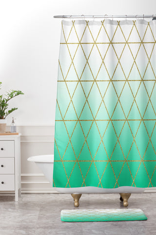 Leah Flores Turquoise and Gold Geometric Shower Curtain And Mat