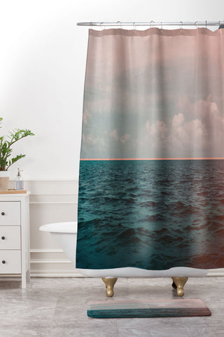 Leah Flores Turquoise Ocean Peach Sunset Shower Curtain And Mat