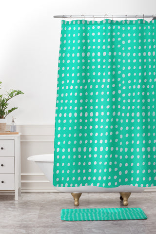 Leah Flores Turquoise Scribble Dots Shower Curtain And Mat