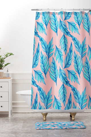 Lisa Argyropoulos Blue Leaves Pink Shower Curtain And Mat