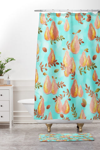 Lisa Argyropoulos Copper Pears Aqua Blue Shower Curtain And Mat