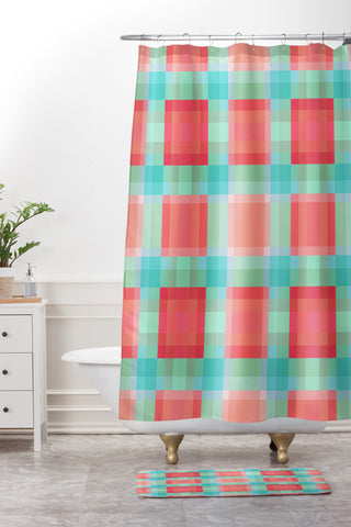 Lisa Argyropoulos Coral Mint Geo Plaid Shower Curtain And Mat