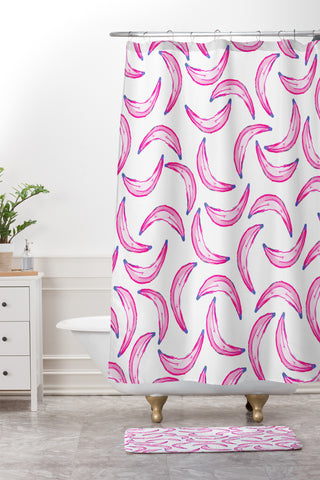 Lisa Argyropoulos Gone Bananas Pink on White Shower Curtain And Mat