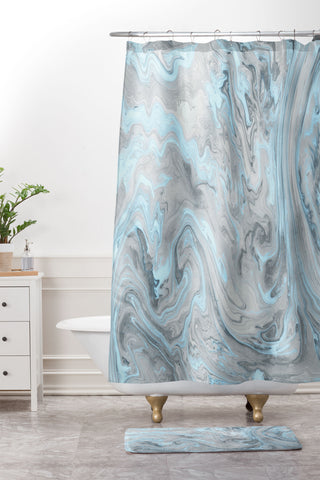 Lisa Argyropoulos Ice Blue and Gray Marble Shower Curtain And Mat