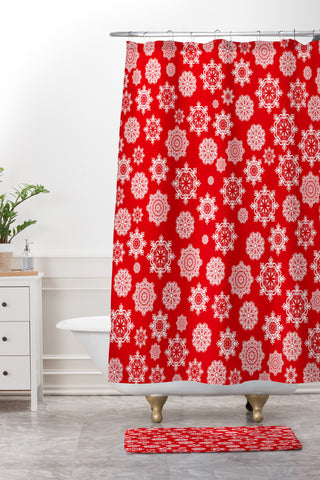 Lisa Argyropoulos Mini Flurries On Red Shower Curtain And Mat