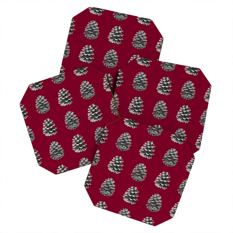 Lisa Argyropoulos Monochrome Pine Cones and Red Coaster Set
