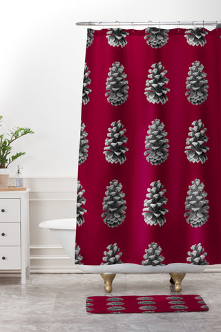 Lisa Argyropoulos Monochrome Pine Cones and Red Shower Curtain And Mat