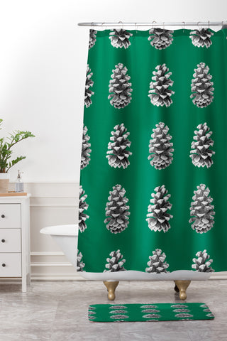 Lisa Argyropoulos Monochrome Pine Cones Green Shower Curtain And Mat