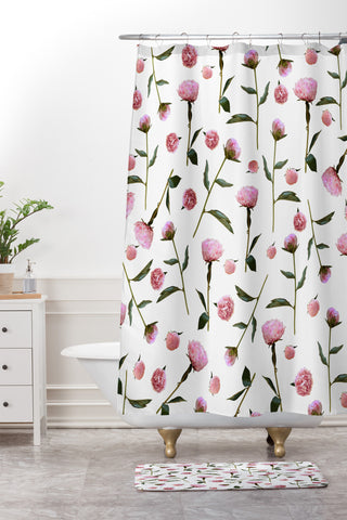 Lisa Argyropoulos Peonies on White Shower Curtain And Mat