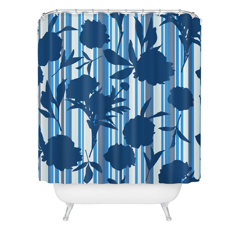 Lisa Argyropoulos Peony Silhouettes Blue Stripes Shower Curtain