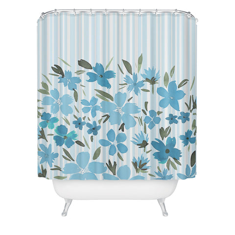 Lisa Argyropoulos Spring Floral And Stripes Blue Mist Shower Curtain