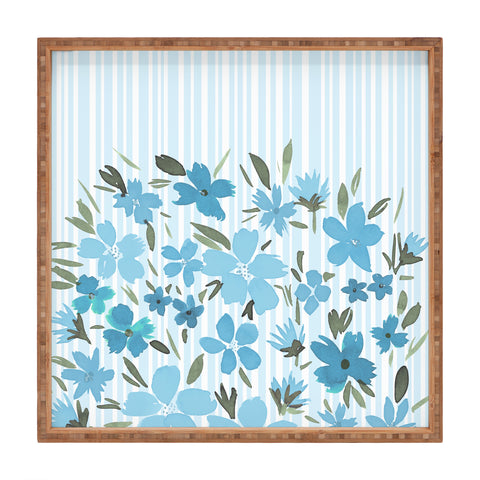 Lisa Argyropoulos Spring Floral And Stripes Blue Mist Square Tray