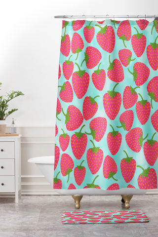 Lisa Argyropoulos Strawberry Sweet In Blue Shower Curtain And Mat
