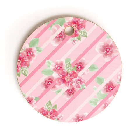 Lisa Argyropoulos Summer Blossoms Stripes Pink Cutting Board Round