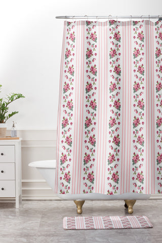 Lisa Argyropoulos Vintage Floral Stripes Pink Shower Curtain And Mat