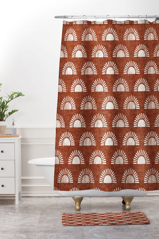 Little Arrow Design Co block print suns on rust Shower Curtain And Mat