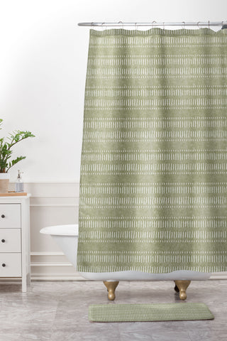 Little Arrow Design Co dash dot stripes olive Shower Curtain And Mat