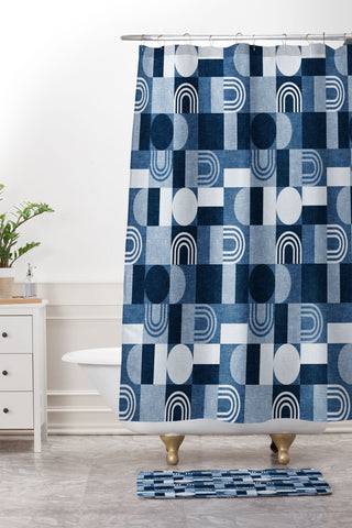 Little Arrow Design Co geometric patchwork blue Shower Curtain And Mat