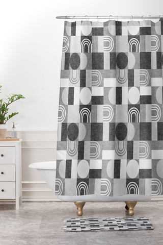 Little Arrow Design Co geometric patchwork gray Shower Curtain And Mat