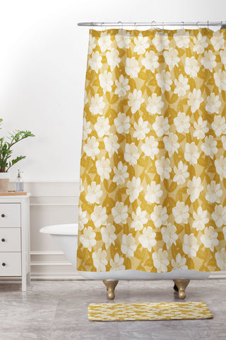 Little Arrow Design Co magnolia flower mustard Shower Curtain And Mat