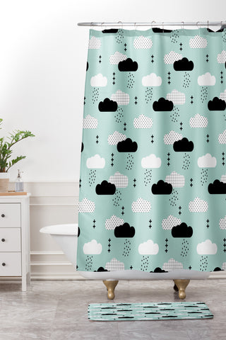 Little Arrow Design Co modern clouds on dark mint Shower Curtain And Mat