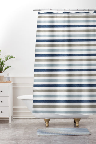 Little Arrow Design Co multi blue linen stripes Shower Curtain And Mat