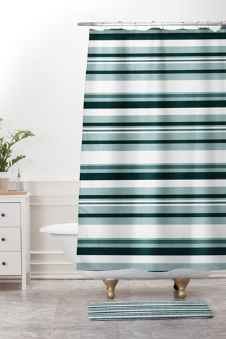 Little Arrow Design Co multi stripe dark teal Shower Curtain And Mat