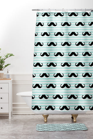 Little Arrow Design Co mustaches on blue stripes Shower Curtain And Mat