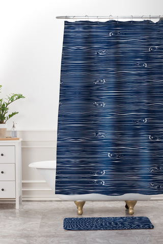 Little Arrow Design Co navy woodgrain Shower Curtain And Mat