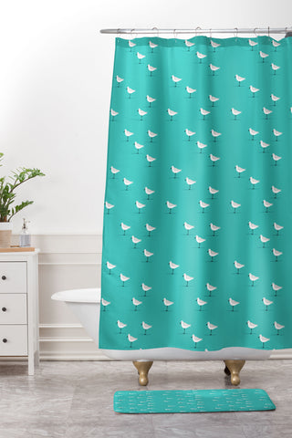 Little Arrow Design Co Sandpipers on teal Shower Curtain And Mat