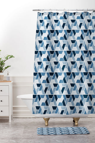 Little Arrow Design Co triangle geo blue Shower Curtain And Mat