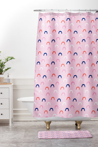 Little Arrow Design Co unicorn dreams deconstructed rainbows on pink Shower Curtain And Mat