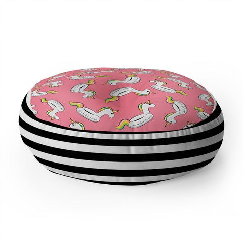Little Arrow Design Co unicorn pool float on pink Floor Pillow Round