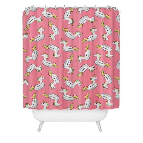 Little Arrow Design Co unicorn pool float on pink Shower Curtain
