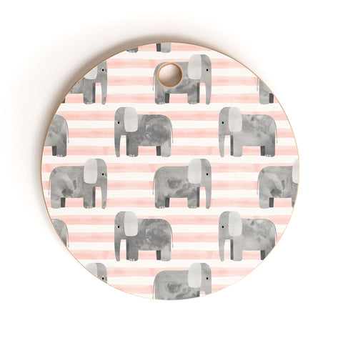 Little Arrow Design Co watercolor elephants on stripes Cutting Board Round