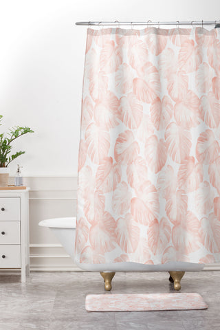 Little Arrow Design Co watercolor monstera in dusty pink Shower Curtain And Mat