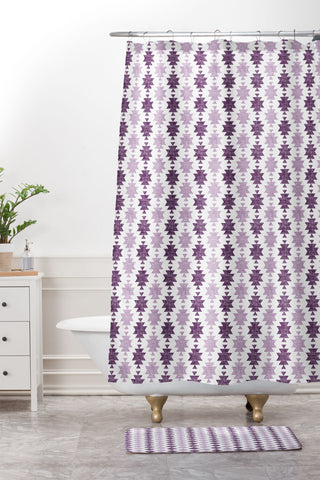 Little Arrow Design Co Woven Aztec in Eggplant Shower Curtain And Mat