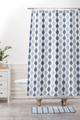Little Arrow Design Co Woven Aztec in Navy Shower Curtain And Mat