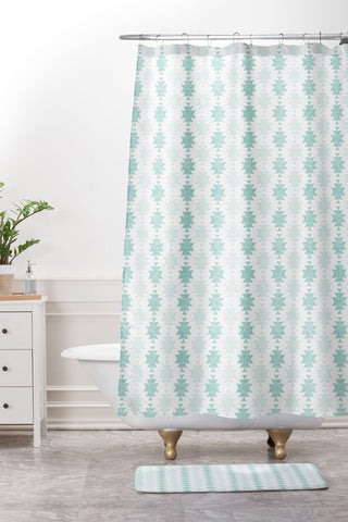Little Arrow Design Co Woven Aztec in Teal Shower Curtain And Mat