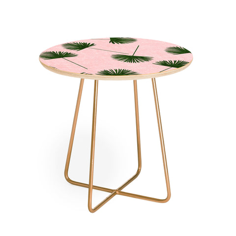 Little Arrow Design Co Woven Fan Palm Green on Pink Round Side Table