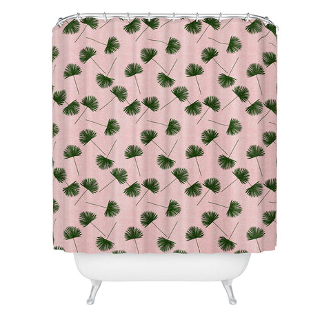 Little Arrow Design Co Woven Fan Palm Green on Pink Shower Curtain