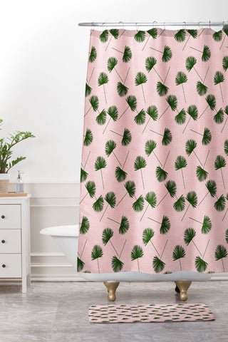 Little Arrow Design Co Woven Fan Palm Green on Pink Shower Curtain And Mat