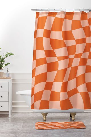 Little Dean Checkered beige and orange Shower Curtain And Mat