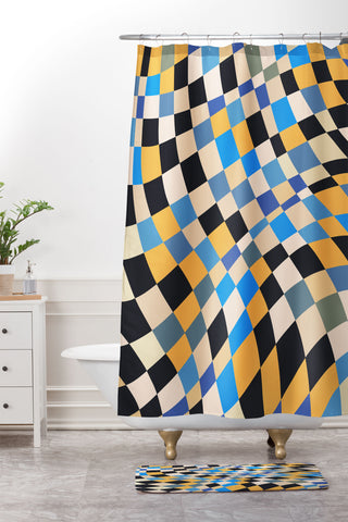 Little Dean Checkers in blue black yellow Shower Curtain And Mat